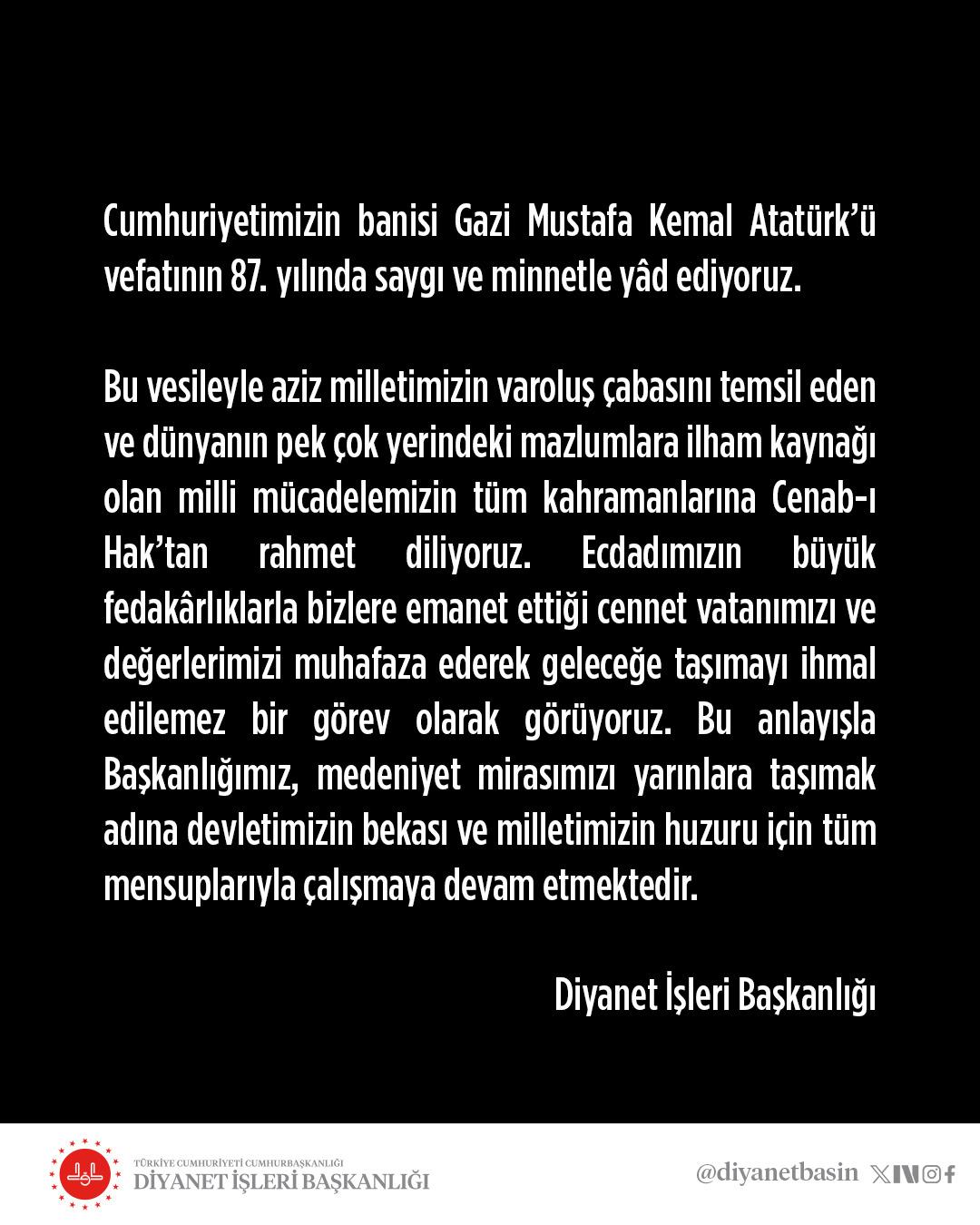 Safi Arpaguş'un vekaleten 10 Kasım'ın ilk mesajı günün gündemiydi! Diyanet İşleri'nin Atatürk'e mesajı dikkat çekti 3